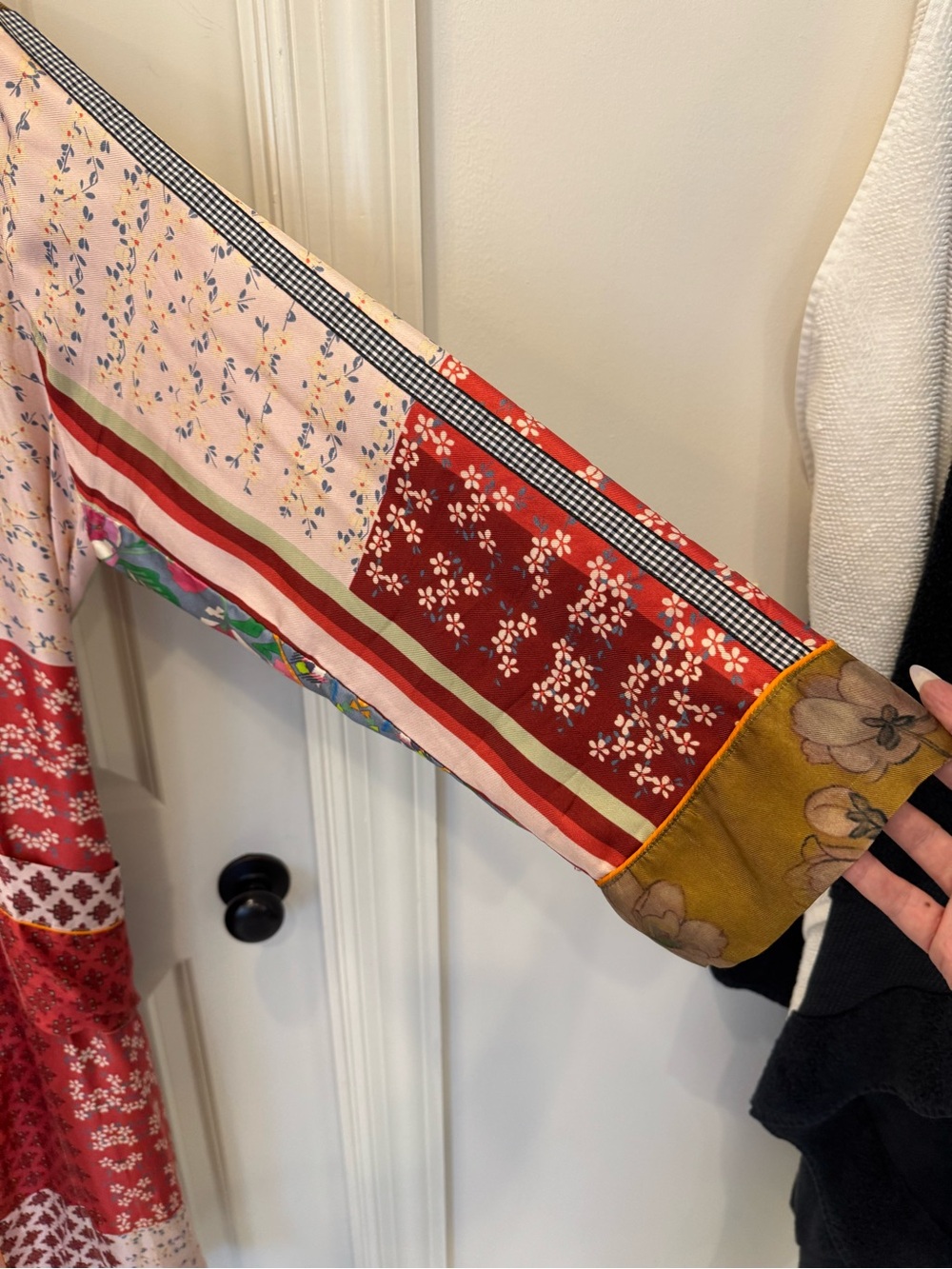 Johnny Was Red & Pink Patchwork Kimono Robe with Olive Trim - Picture 4 of 6